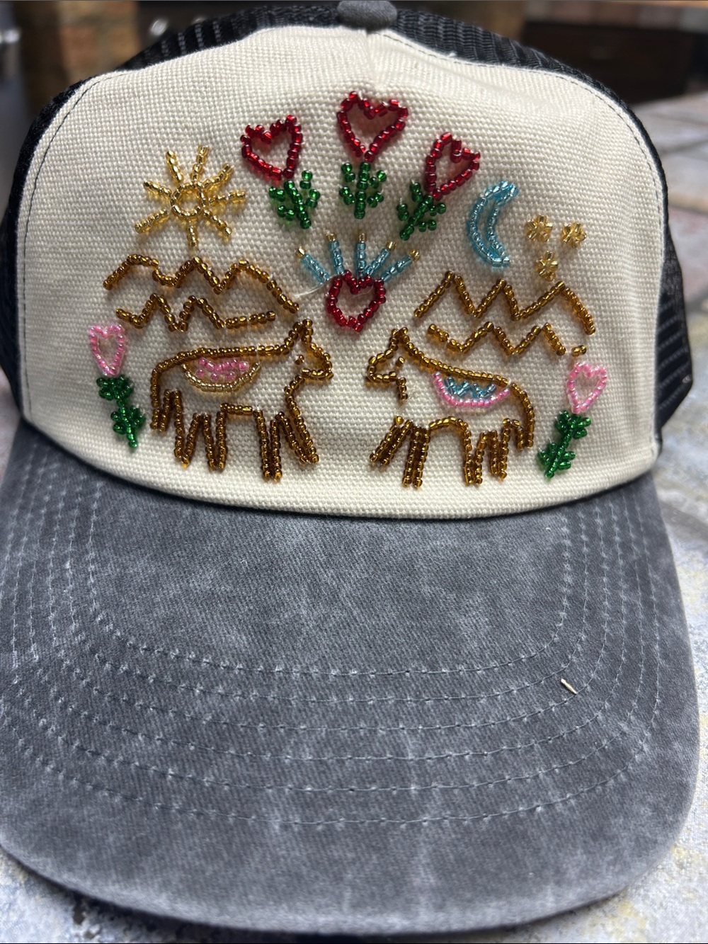 NATURAL LIFE Cream & Gray Kids Embroidered Animal Trucker Hat
